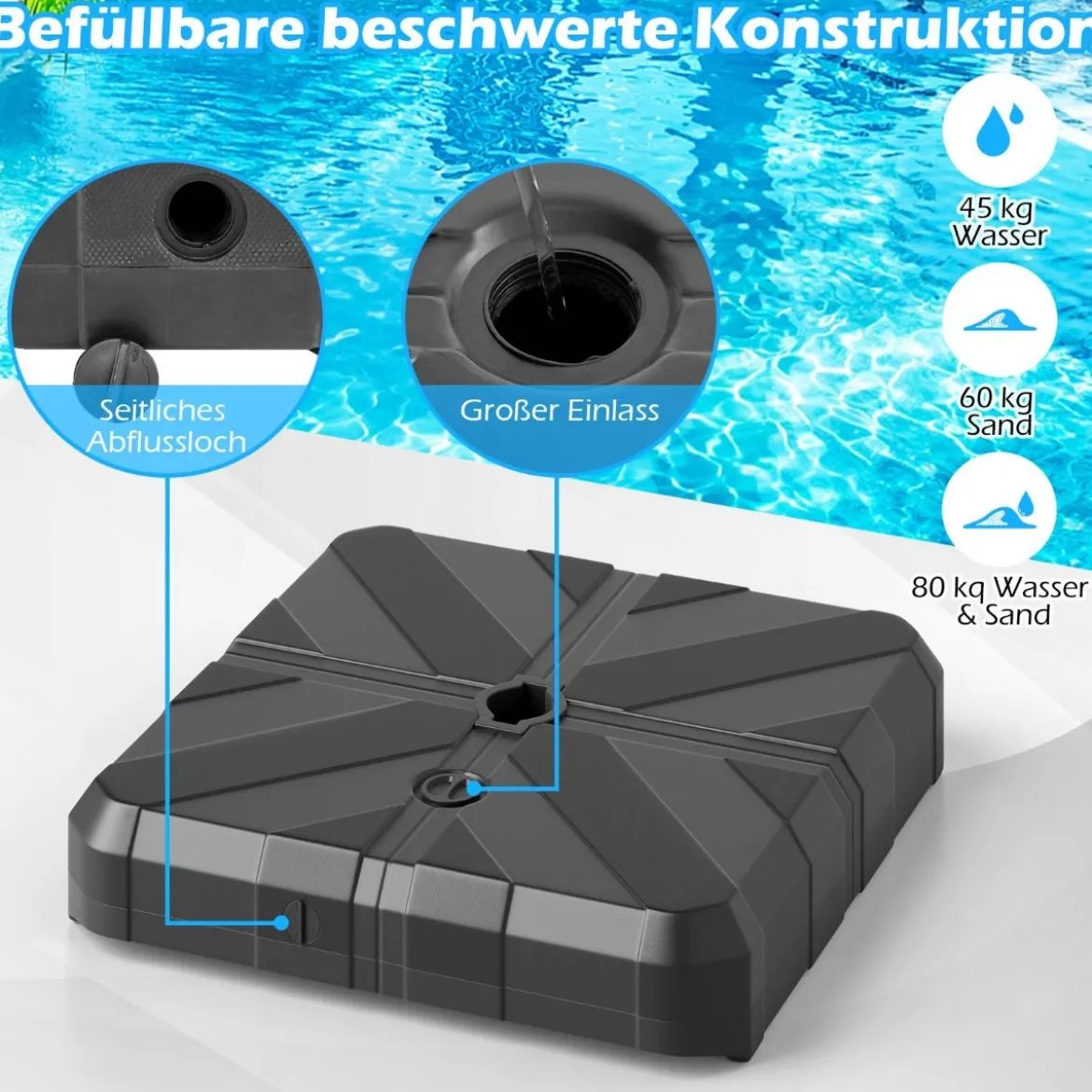 Sonnenschirmständer 45 Liter / 60 kg befüllbar mit Wasser oder Sand Schirmständer für Schirmstangen 67 x 67 x 13 cm