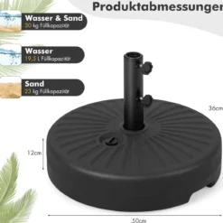 Sonnenschirmständer 19,5 Liter / 23 kg befüllbar mit Wasser Sand Schirmständer für Schirmstangen von 38/48 mm