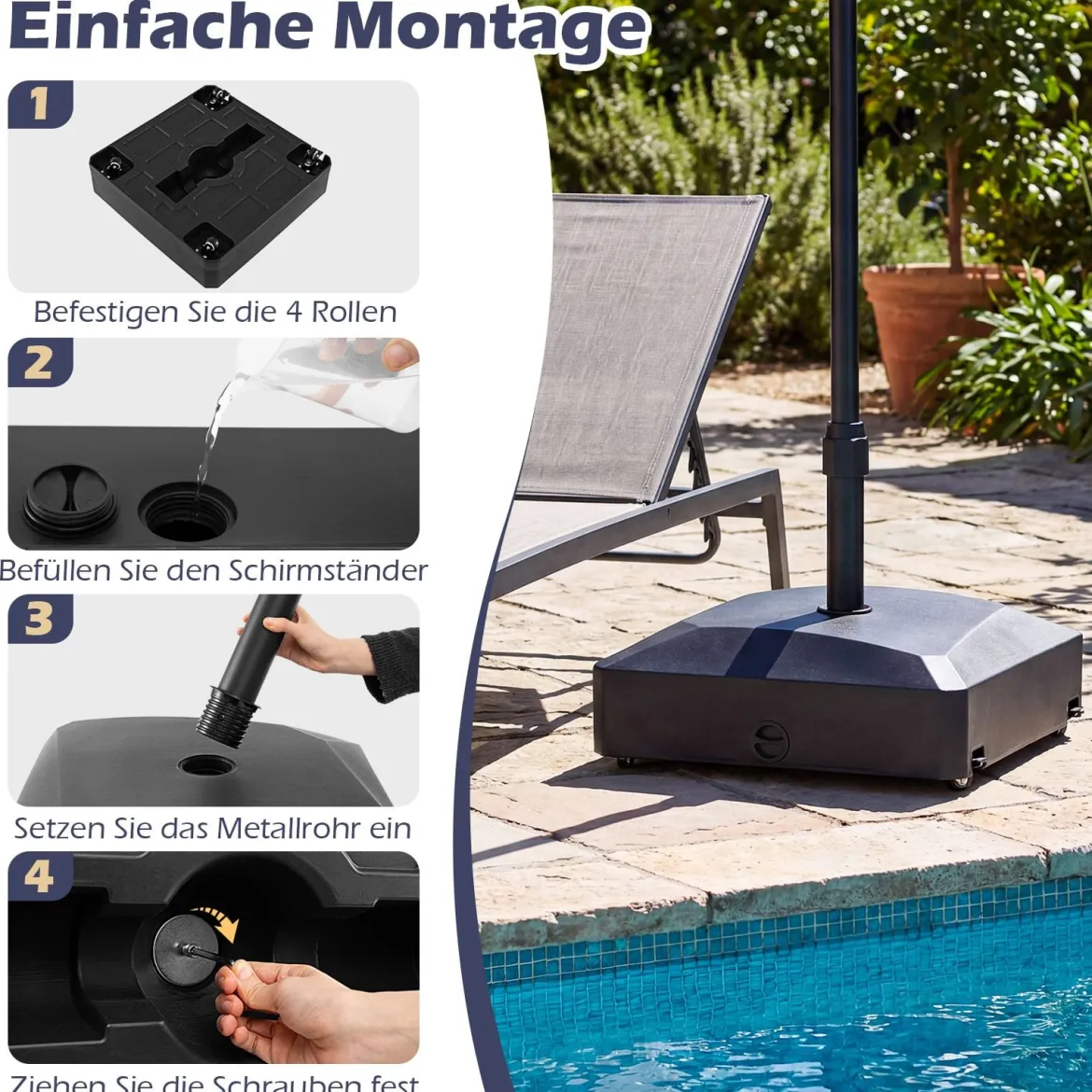 Sonnenschirmständer mit Rollen Befüllbar bis 80kg für 36 / 38 / 48 mm Schirme Schwarz