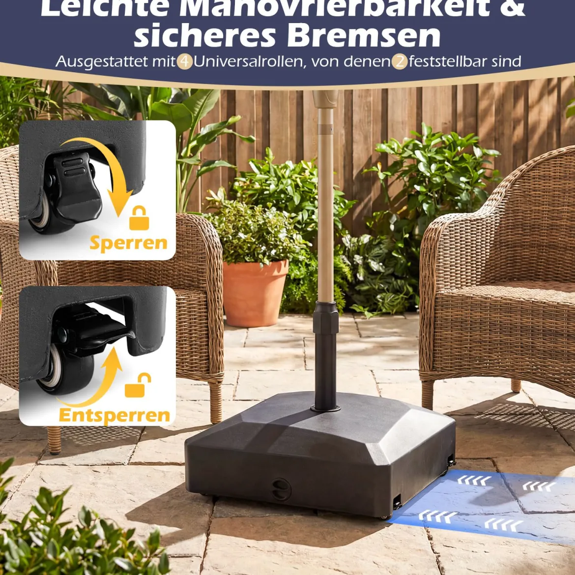 Sonnenschirmständer mit Rollen Befüllbar bis 80kg für 36 / 38 / 48 mm Schirme Schwarz