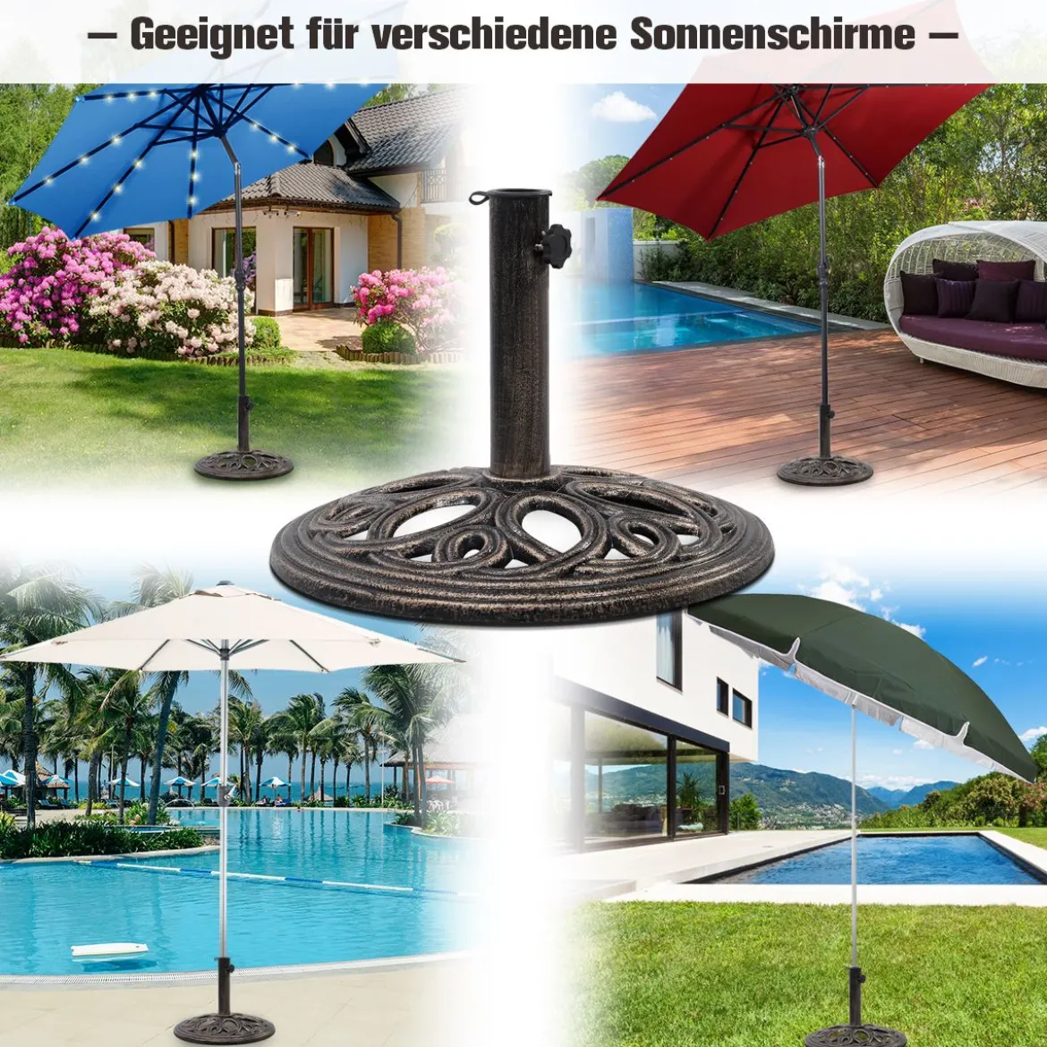 Sonnenschirmständer stabiler Schirmständer aus robustem Gusseisen für 38 mm bis 48 mm Gestänge