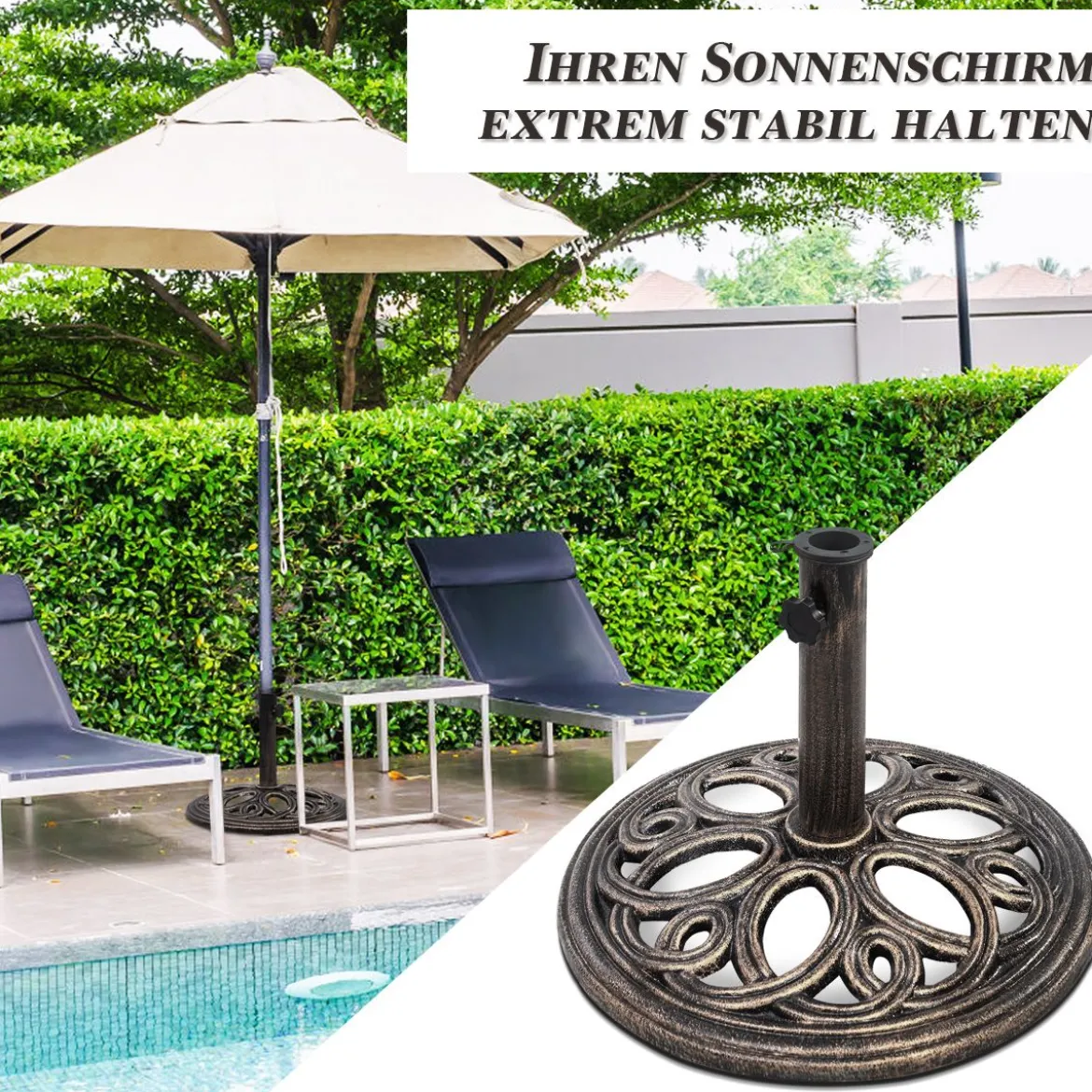 Sonnenschirmständer stabiler Schirmständer aus robustem Gusseisen für 38 mm bis 48 mm Gestänge