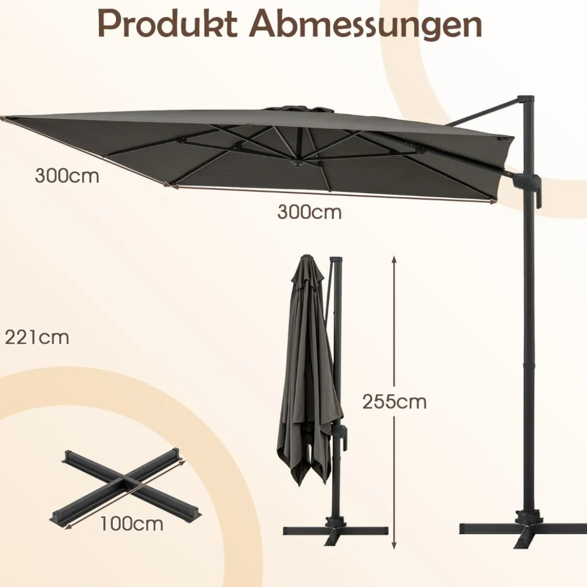 Sonnenschirm 300 x 300 cm Ampelschirm mit Kurbel Gartenschirm neigbar 360° drehbar Anthrazit