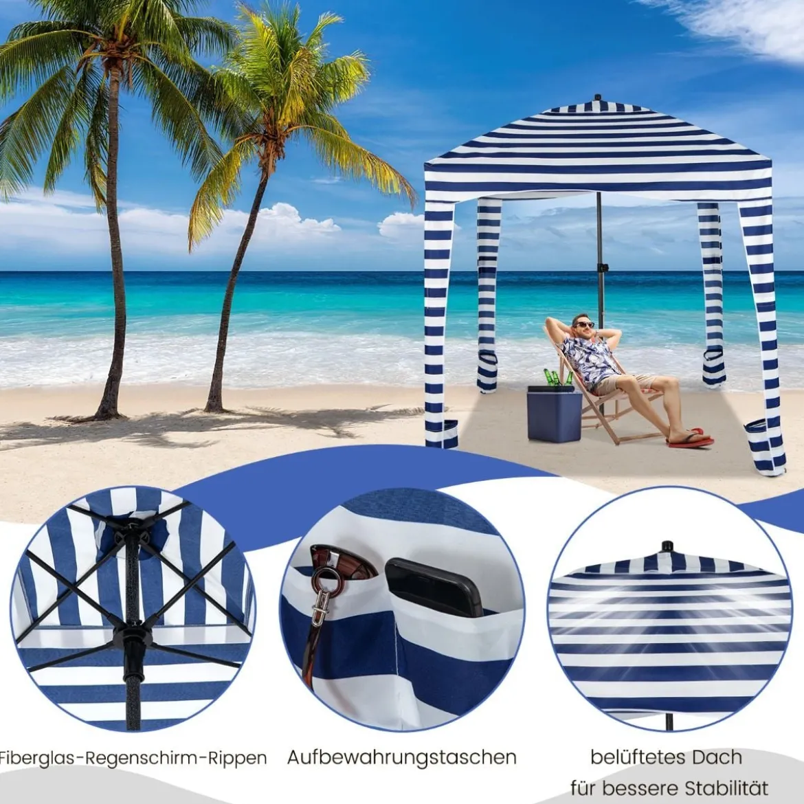 Sonnenschutz mit Abnehmbarer Seitenwand und 8 Sandsäcken tragbares Strandzelt mit Tragetasche 183 x 183 cm