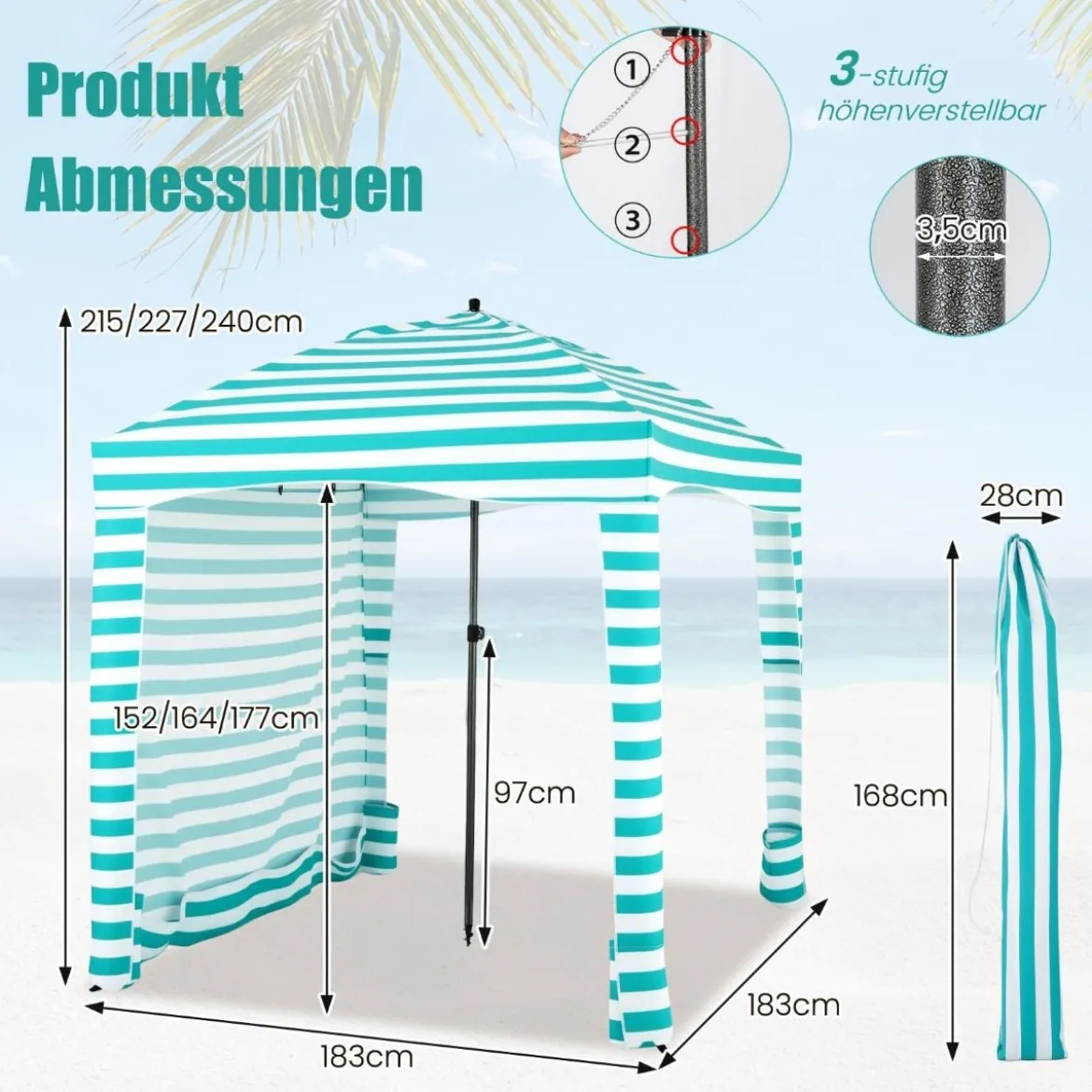 Sonnenschutz mit Abnehmbarer Seitenwand und 8 Sandsäcken tragbares Strandzelt mit Tragetasche 183 x 183 cm