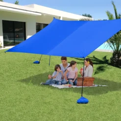 Sonnensegel Camping Sonnenschutz mit 4 Sandsäcken und 2 Alustangen Lycra Sonnendach Blau