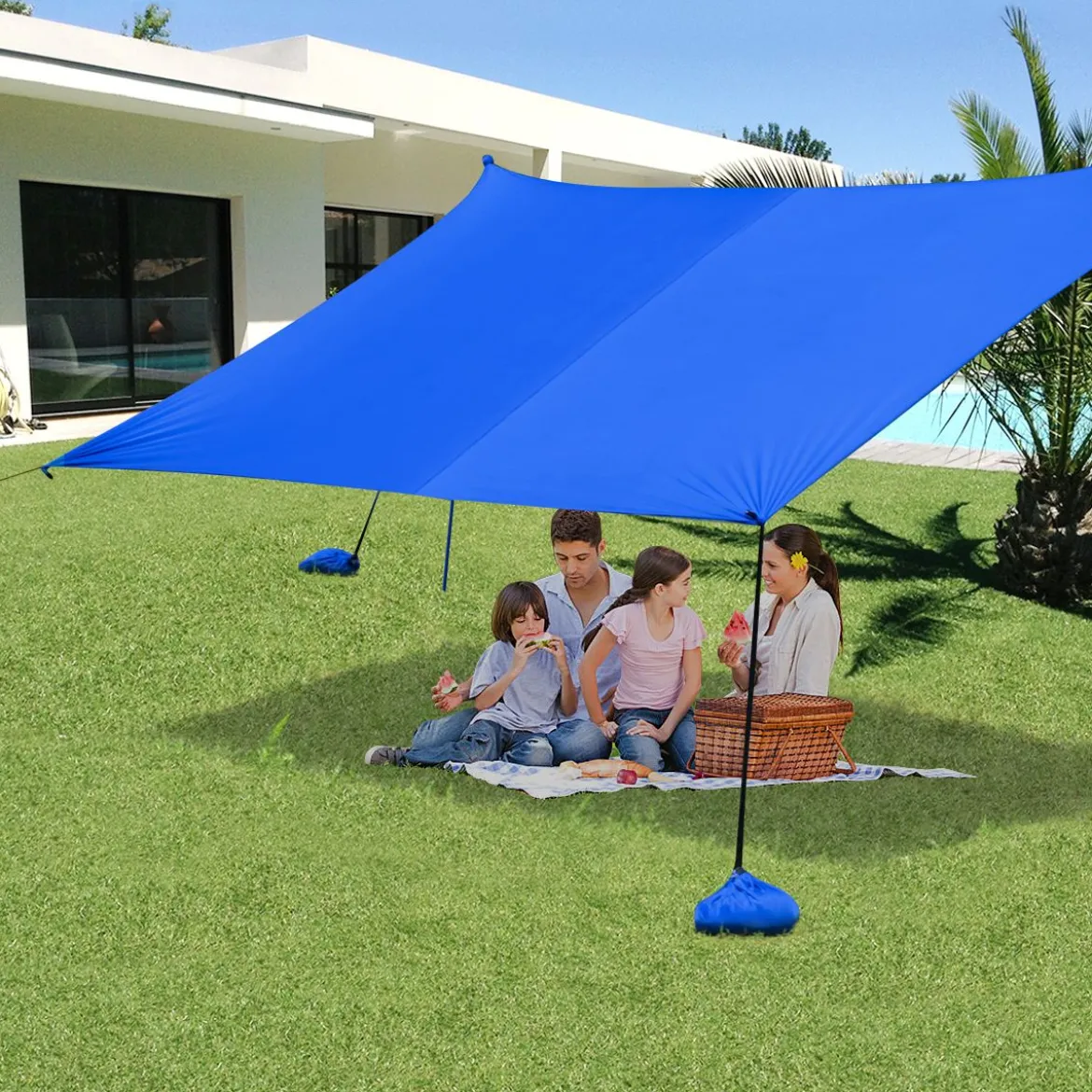 Sonnensegel Camping Sonnenschutz mit 4 Sandsäcken und 2 Alustangen Lycra Sonnendach Blau