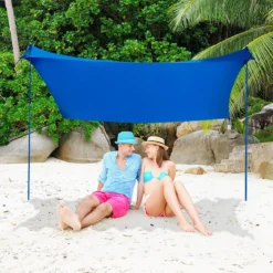 Sonnensegel Camping Sonnenschutz mit 4 Sandsäcken und 2 Alustangen Lycra Sonnendach Blau