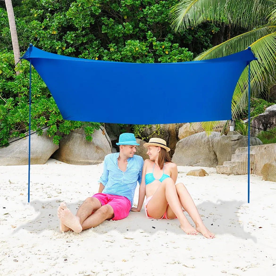Sonnensegel Camping Sonnenschutz mit 4 Sandsäcken und 2 Alustangen Lycra Sonnendach Blau