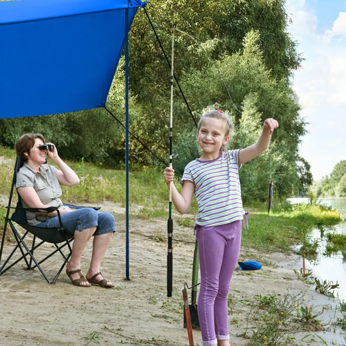 Sonnensegel Camping Sonnenschutz mit 4 Sandsäcken und 2 Alustangen Lycra Sonnendach Blau