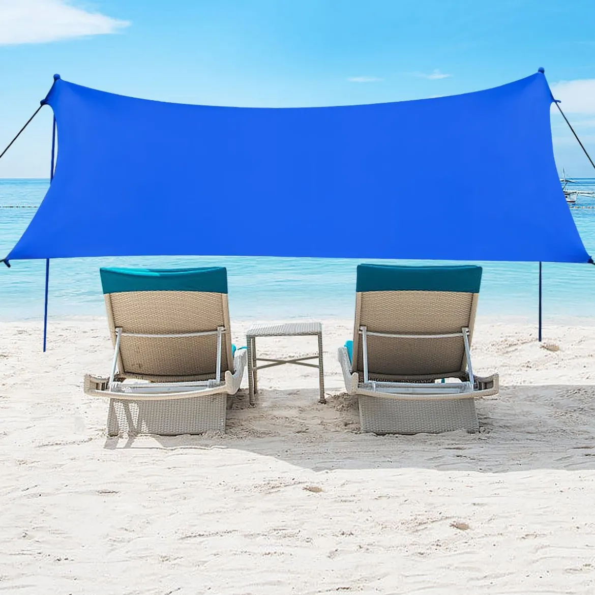 Sonnensegel Camping Sonnenschutz mit 4 Sandsäcken und 2 Alustangen Lycra Sonnendach Blau