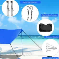 Sonnensegel Camping Sonnenschutz mit 4 Sandsäcken und 2 Alustangen Lycra Sonnendach Blau