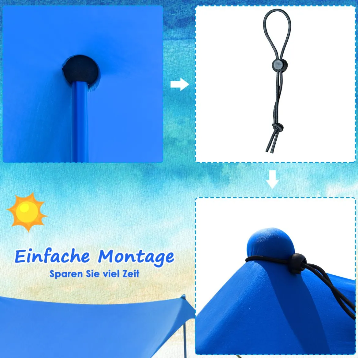 Sonnensegel Camping Sonnenschutz mit 4 Sandsäcken und 2 Alustangen Lycra Sonnendach Blau