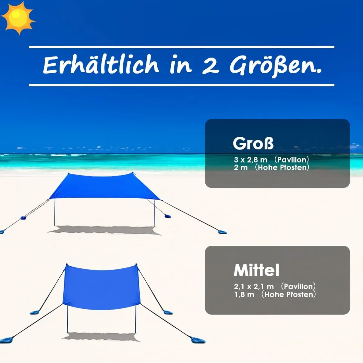 Sonnensegel Camping Sonnenschutz mit 4 Sandsäcken und 2 Alustangen Lycra Sonnendach Blau