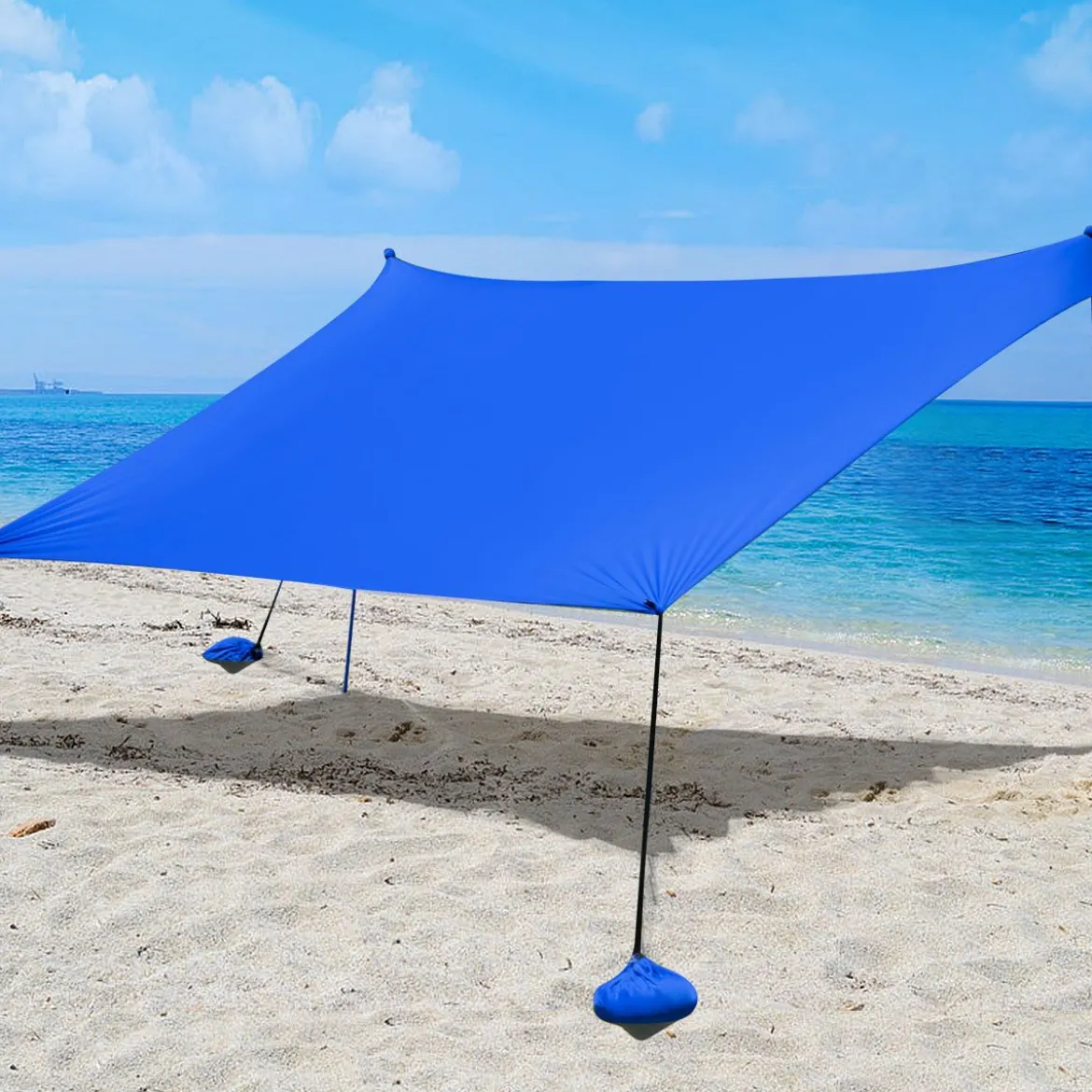 Sonnensegel Camping Sonnenschutz mit 4 Sandsäcken und 2 Alustangen Lycra Sonnendach Blau