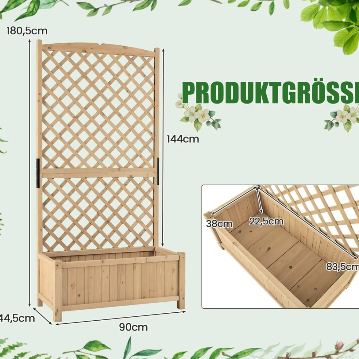 Spalier mit Blumenkasten aus Tannenholz Pflanzkasten für Kletterpflanzen Hochbeet mit Rankgitter