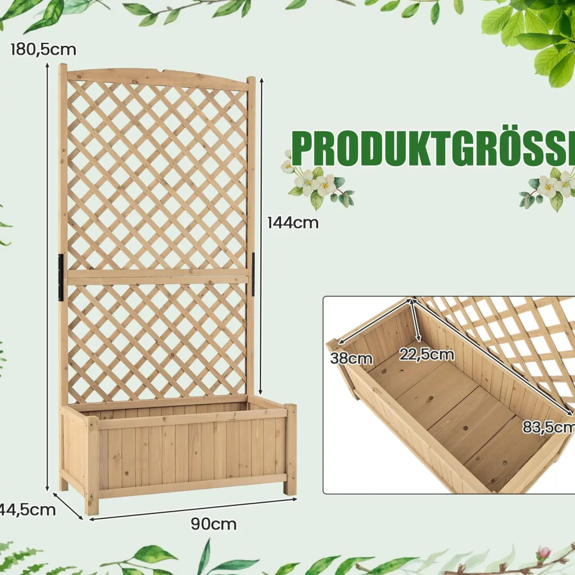 Spalier mit Blumenkasten aus Tannenholz Pflanzkasten für Kletterpflanzen Hochbeet mit Rankgitter