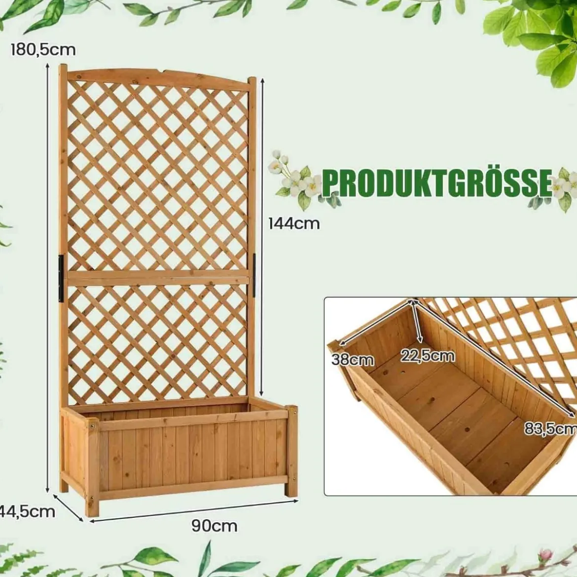 Spalier mit Blumenkasten aus Tannenholz Pflanzkasten für Kletterpflanzen Hochbeet mit Rankgitter