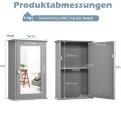 Spiegel Badezimmerschrank Wandschrank Aufbewahrungsschrank mit Einzelner 34 x 15 x 53 cm Grau