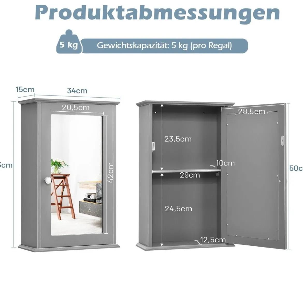 Spiegel Badezimmerschrank Wandschrank Aufbewahrungsschrank mit Einzelner 34 x 15 x 53 cm Grau