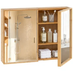 Spiegelschrank aus Bambus Badezimmerschrank mit Spiegel Wandschrank mit 2 Türen Natur