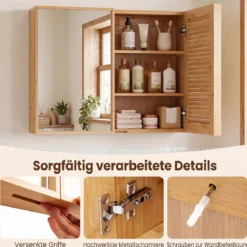 Spiegelschrank aus Bambus Badezimmerschrank mit Spiegel Wandschrank mit 2 Türen Natur