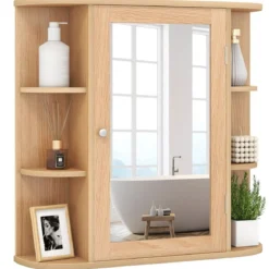Spiegelschrank Bad 4 Fächer & 6 offene Ablagen Badezimmerschrank mit Spiegel 66 x 17 x 63 cm Schwarz/Braun/Grau/Weiß