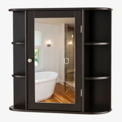 Spiegelschrank Bad 4 Fächer & 6 offene Ablagen Badezimmerschrank mit Spiegel 66 x 17 x 63 cm Schwarz/Braun/Grau/Weiß