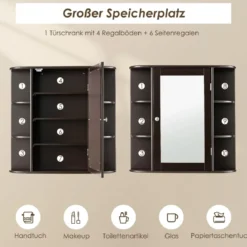 Spiegelschrank Bad 4 Fächer & 6 offene Ablagen Badezimmerschrank mit Spiegel 66 x 17 x 63 cm Schwarz/Braun/Grau/Weiß