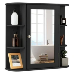 Spiegelschrank Bad 4 Fächer & 6 offene Ablagen Badezimmerschrank mit Spiegel 66 x 17 x 63 cm Schwarz/Braun/Grau/Weiß