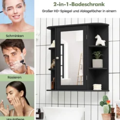 Spiegelschrank Bad 4 Fächer & 6 offene Ablagen Badezimmerschrank mit Spiegel 66 x 17 x 63 cm Schwarz/Braun/Grau/Weiß