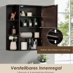 Spiegelschrank Bad 4 Fächer & 6 offene Ablagen Badezimmerschrank mit Spiegel 66 x 17 x 63 cm Schwarz/Braun/Grau/Weiß