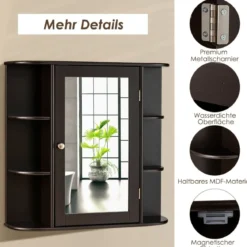 Spiegelschrank Bad 4 Fächer & 6 offene Ablagen Badezimmerschrank mit Spiegel 66 x 17 x 63 cm Schwarz/Braun/Grau/Weiß