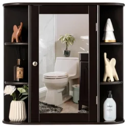 Spiegelschrank Bad 4 Fächer & 6 offene Ablagen Badezimmerschrank mit Spiegel 66 x 17 x 63 cm Schwarz/Braun/Grau/Weiß