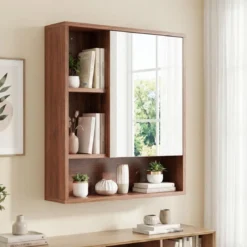 Spiegelschrank mit Offenen Fächern & Verstellbaren Ablagen Badschrank mit Spielgeltür Braun