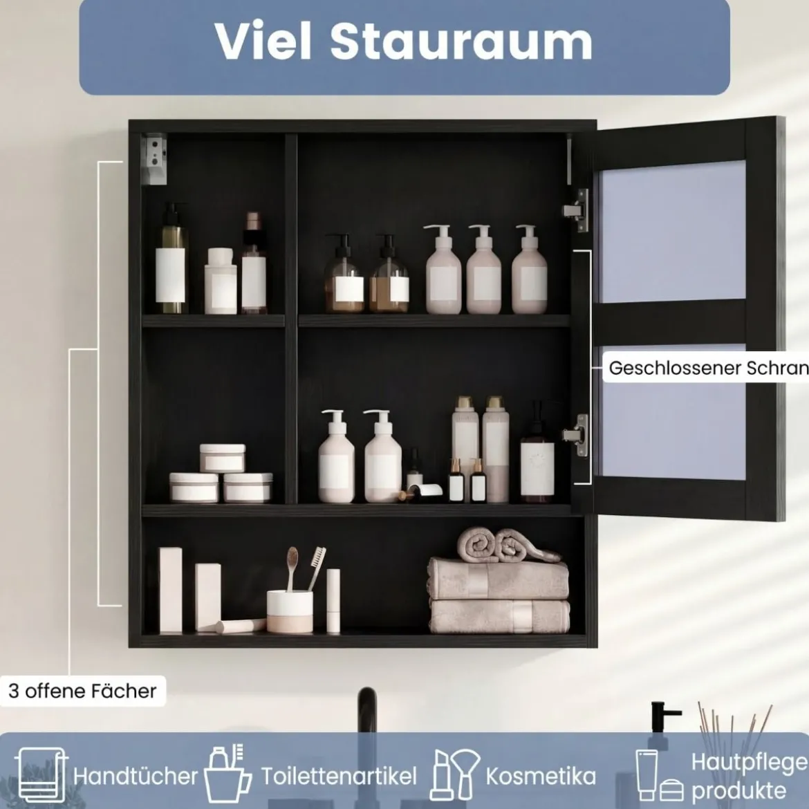 Spiegelschrank mit Spiegeltür & 3 Offenen Regalen Hängeschrank Wandschrank Schwarz