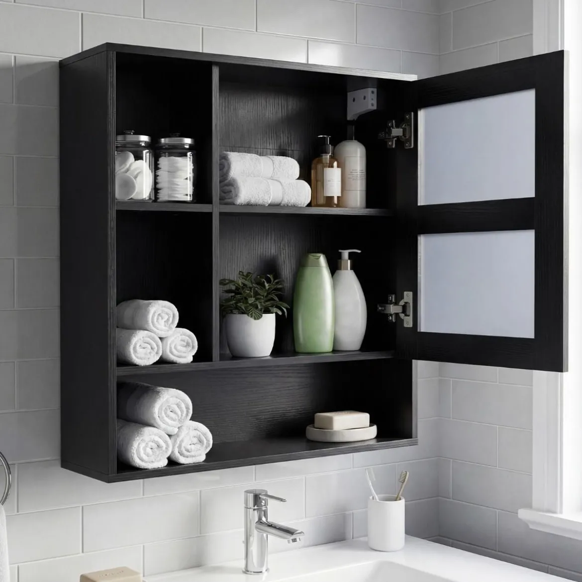 Spiegelschrank mit Spiegeltür & 3 Offenen Regalen Hängeschrank Wandschrank Schwarz