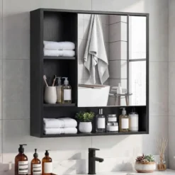 Spiegelschrank mit Spiegeltür & 3 Offenen Regalen Hängeschrank Wandschrank Schwarz