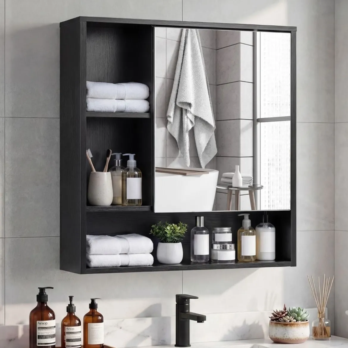 Spiegelschrank mit Spiegeltür & 3 Offenen Regalen Hängeschrank Wandschrank Schwarz