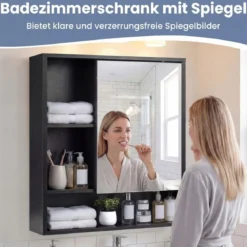 Spiegelschrank mit Spiegeltür & 3 Offenen Regalen Hängeschrank Wandschrank Schwarz