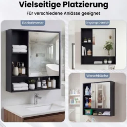 Spiegelschrank mit Spiegeltür & 3 Offenen Regalen Hängeschrank Wandschrank Schwarz