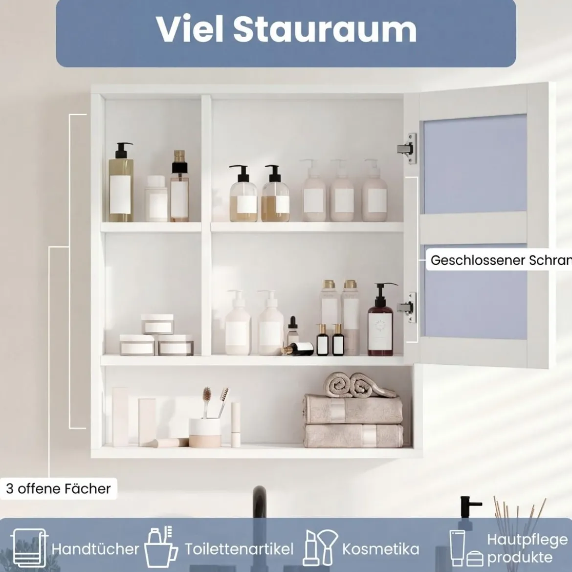 Spiegelschrank mit Spiegeltür & 3 Offenen Regalen Hängeschrank Wandschrank Weiß