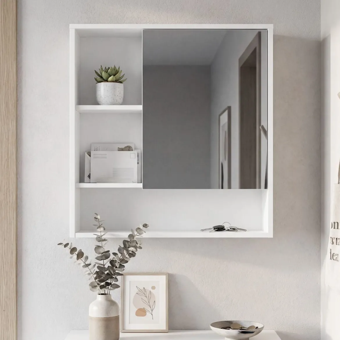 Spiegelschrank mit Spiegeltür & 3 Offenen Regalen Hängeschrank Wandschrank Weiß