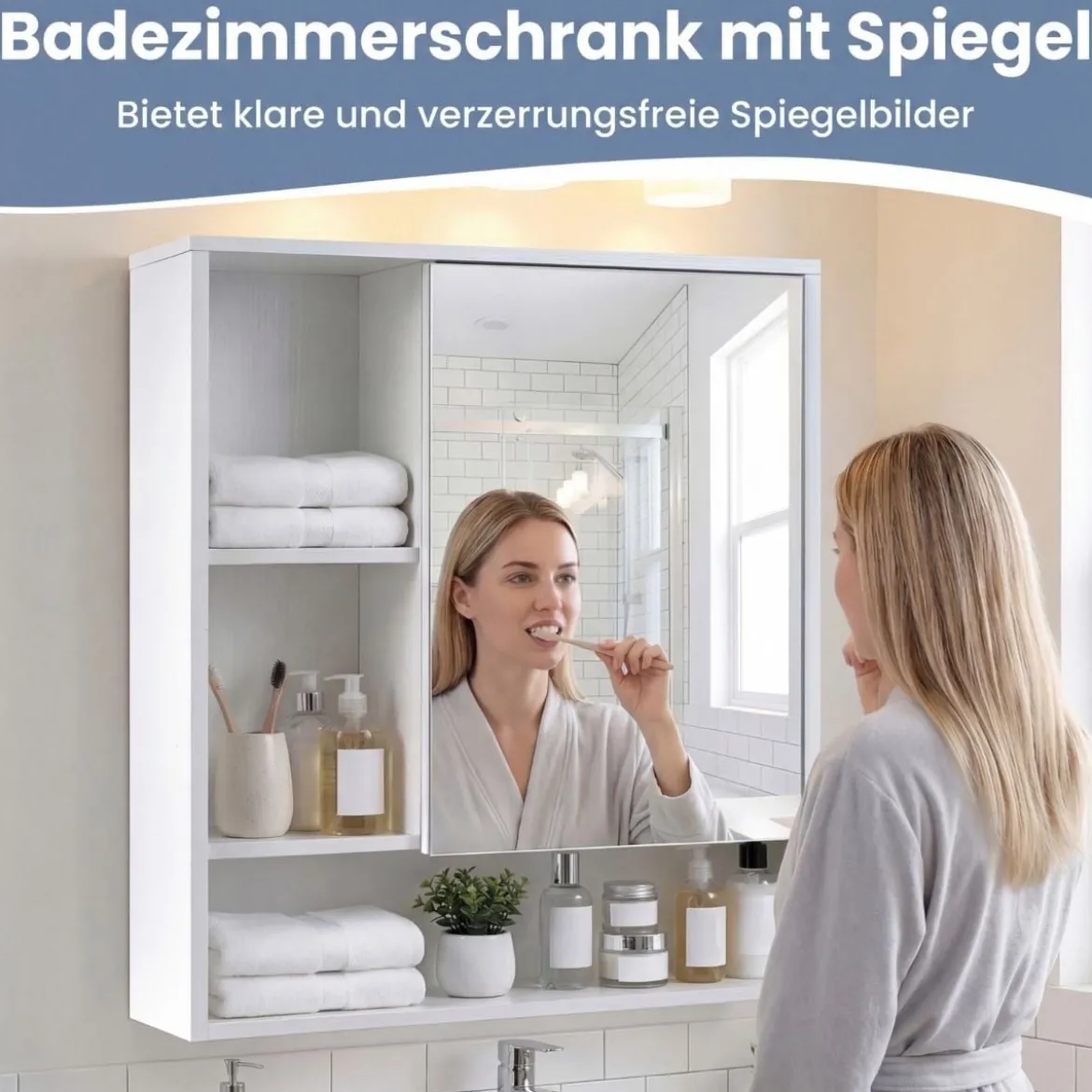 Spiegelschrank mit Spiegeltür & 3 Offenen Regalen Hängeschrank Wandschrank Weiß