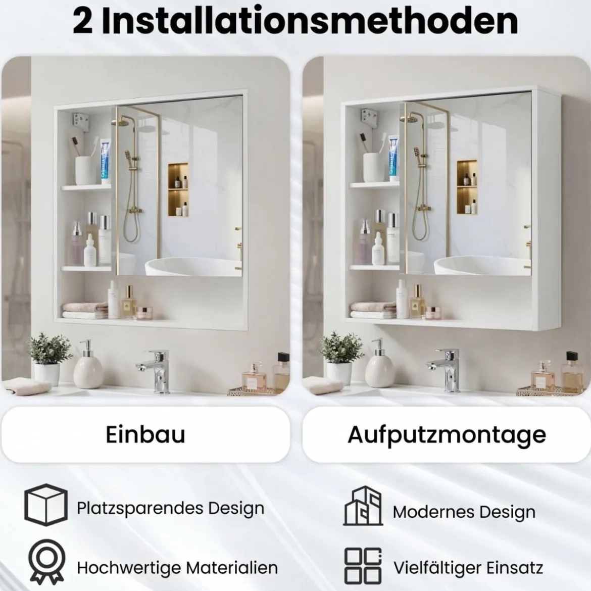 Spiegelschrank mit Spiegeltür & 3 Offenen Regalen Hängeschrank Wandschrank Weiß