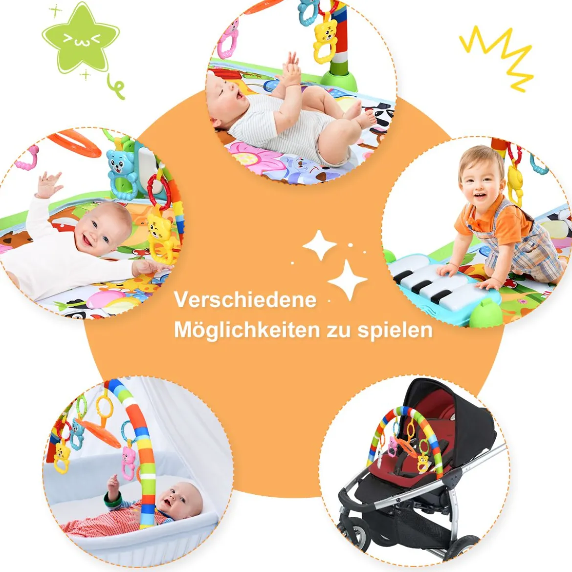 Spieldecke Spielmatte mit abnehmbares und drehbares Klavier Rainforest Erlebnisdecke mit Licht