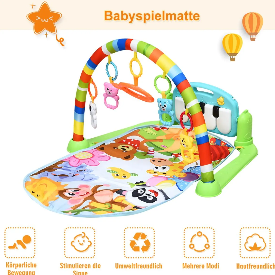 Spieldecke Spielmatte mit abnehmbares und drehbares Klavier Rainforest Erlebnisdecke mit Licht