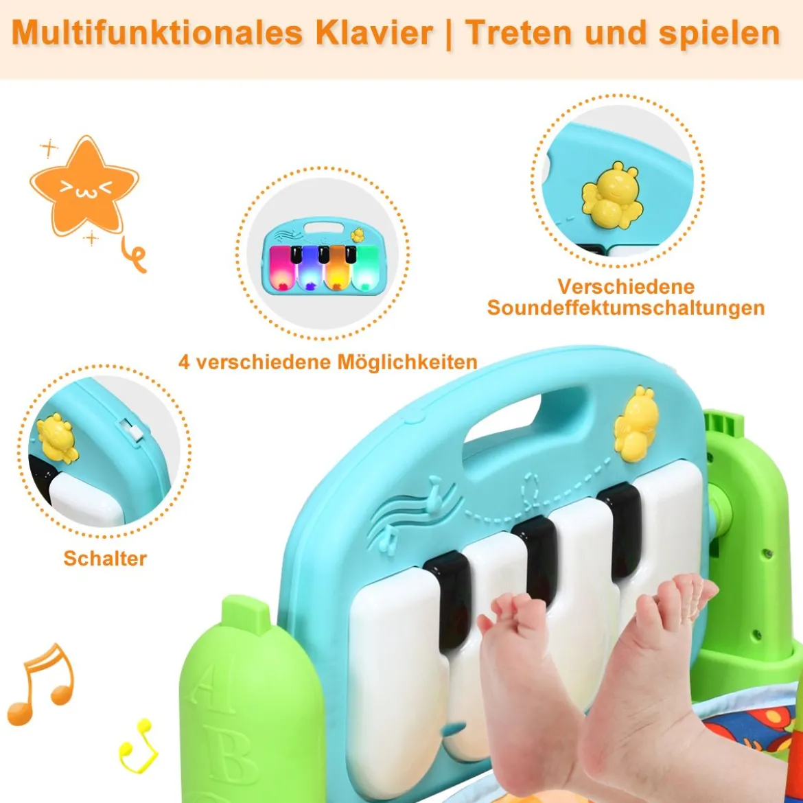 Spieldecke Spielmatte mit abnehmbares und drehbares Klavier Rainforest Erlebnisdecke mit Licht