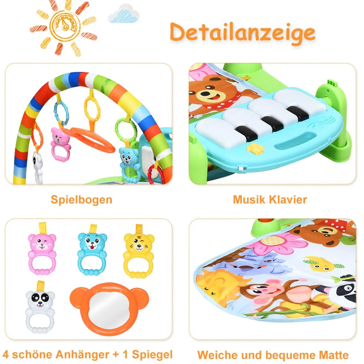 Spieldecke Spielmatte mit abnehmbares und drehbares Klavier Rainforest Erlebnisdecke mit Licht