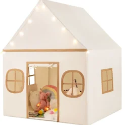 Spielhaus Kinder Indoor Kinderzelt mit Sternlichter & Gepolsterte Matte Beige + Braun